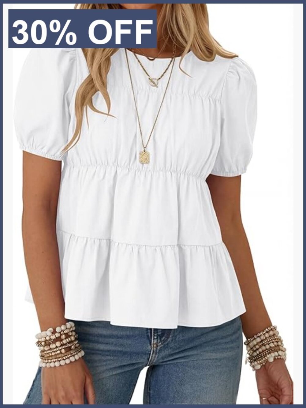 Puff Short Sleeve Babydoll Top Summer Pleated Cotton Tee Casual Loose Fit Blouse